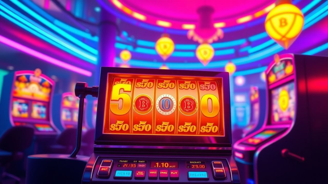 slot machine bonus feature, crypto casino neon lights, bitcoin gambling interface