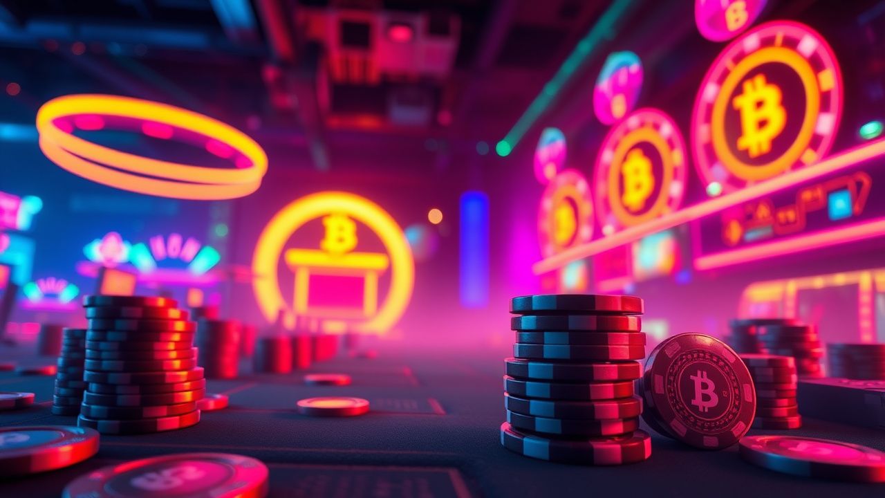 crypto casino neon lights, bitcoin gambling chips, blockchain casino interface