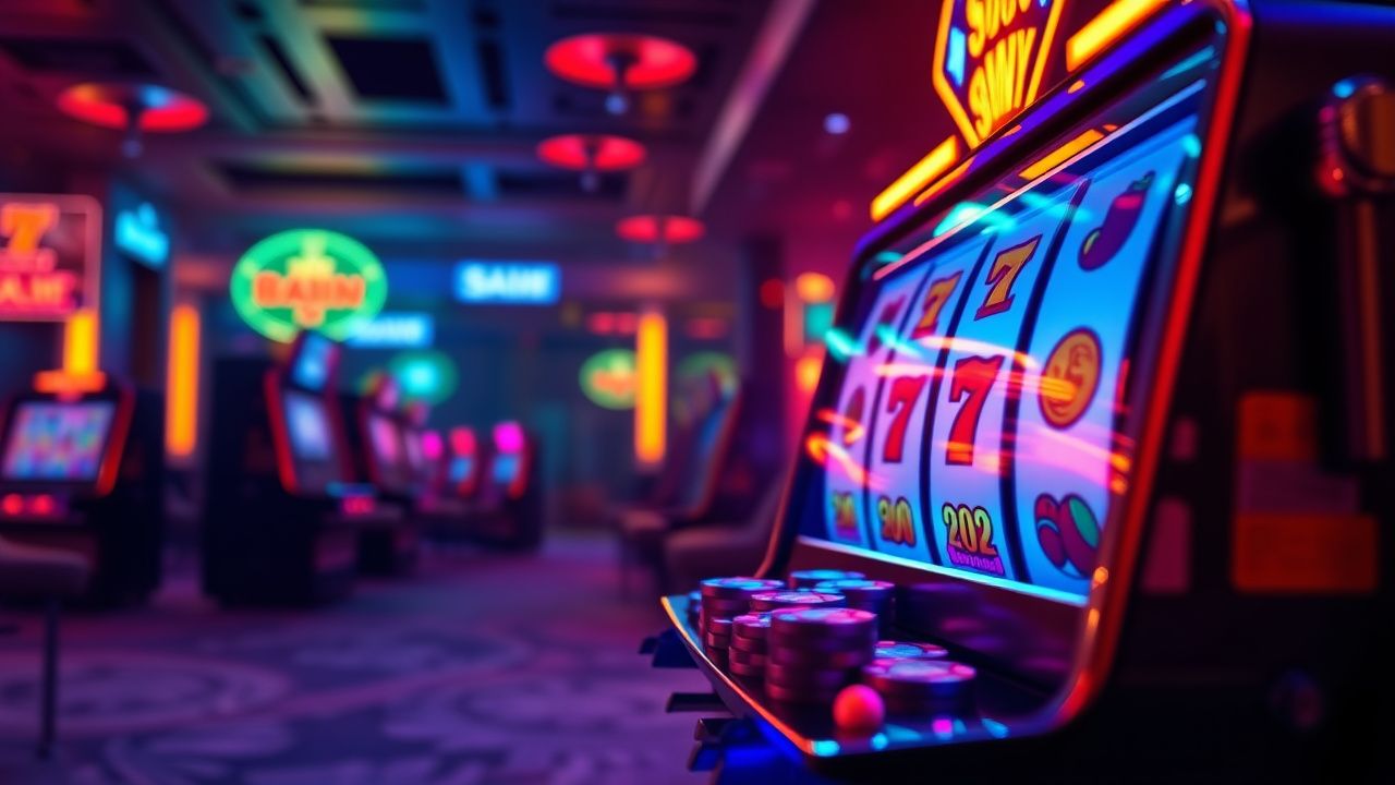 slot machine neon lights, cryptocurrency casino chips, digital gambling interface