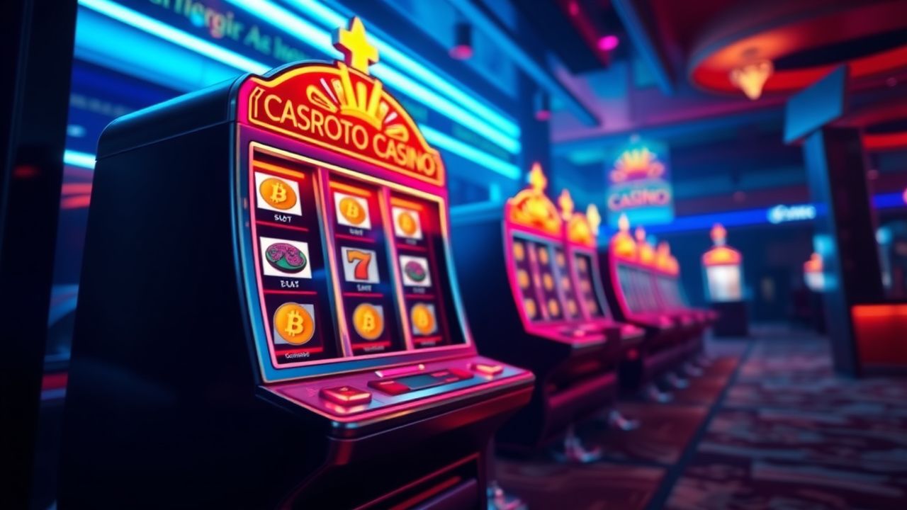 crypto casino slots neon, low bet slot machine, bitcoin gambling chips