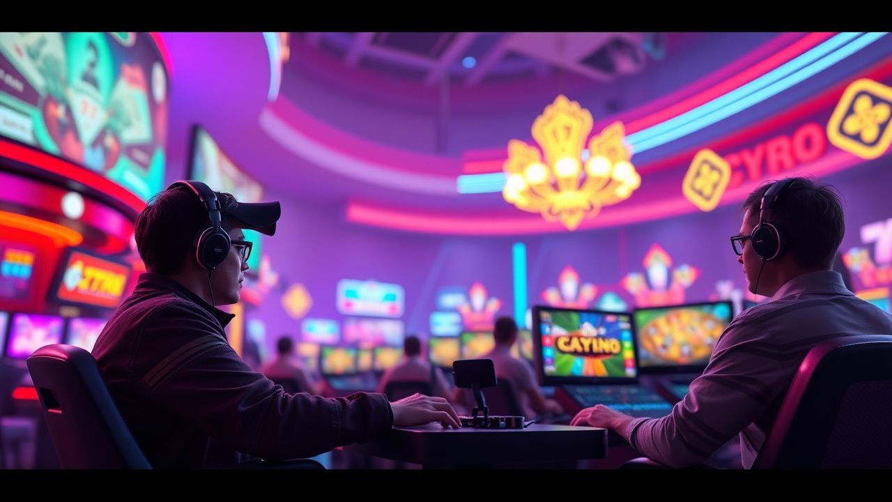 crypto casino streamers, live gaming broadcast setup, neon casino atmosphere