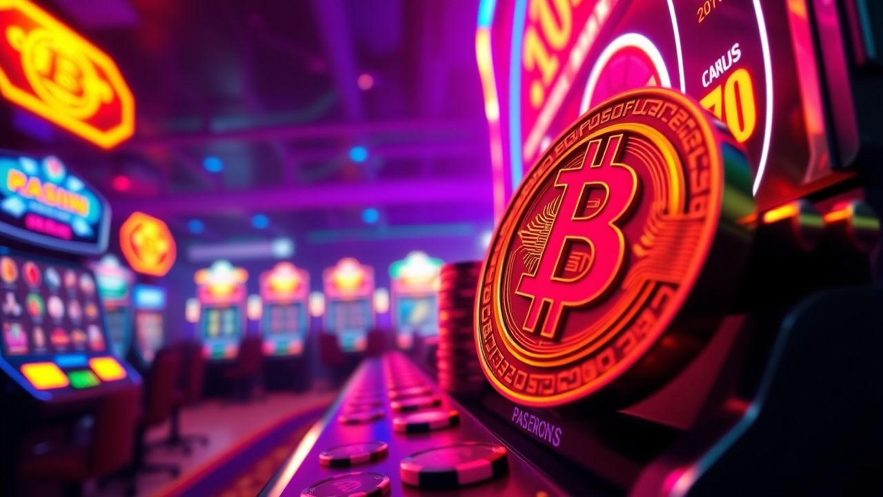 crypto casino chips bitcoin, neon slot machine interface, cryptocurrency gambling platform