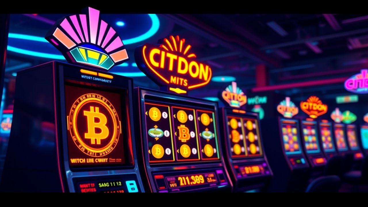 crypto slot machine neon lights, bitcoin casino gameplay, colorful slot reels