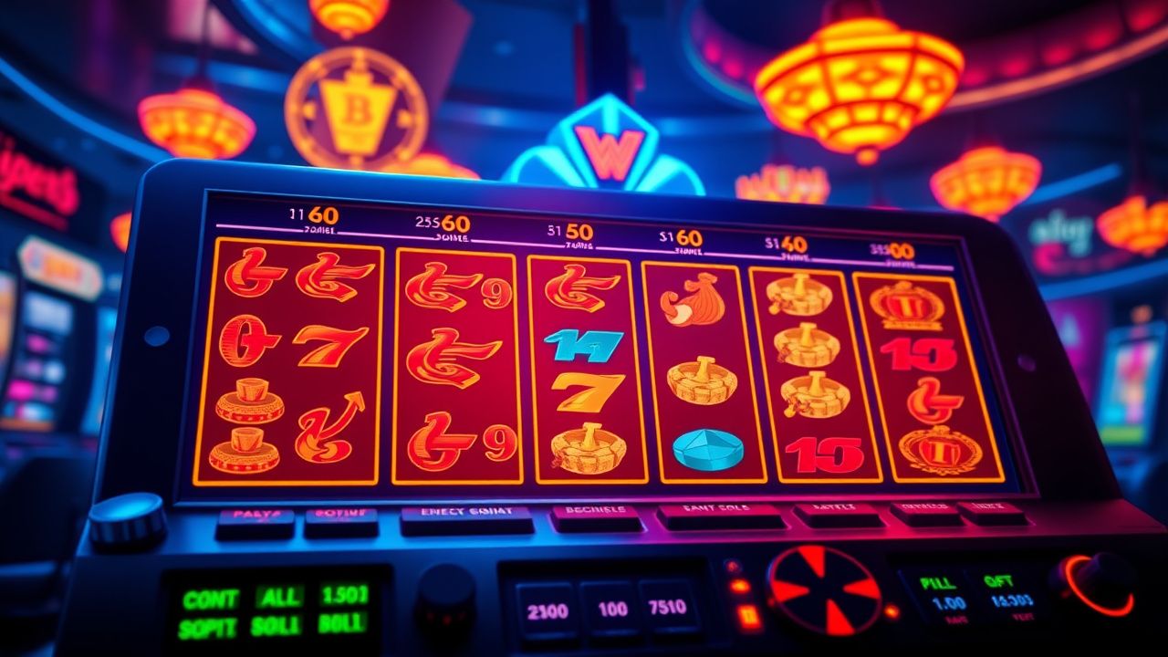 slot machine paytable, crypto casino symbols, neon gambling interface