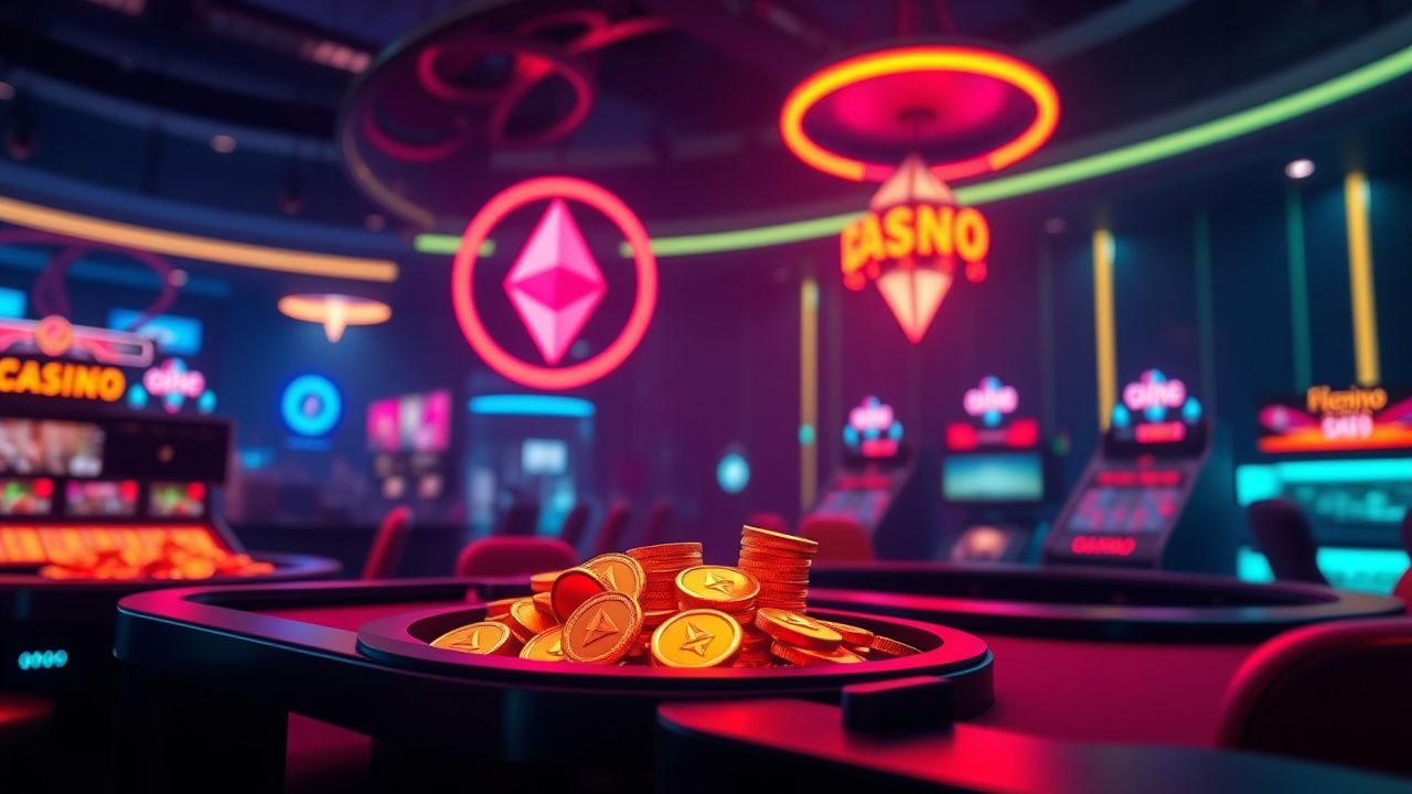 ethereum crypto casino, neon ethereum coins gaming, blockchain gambling interface