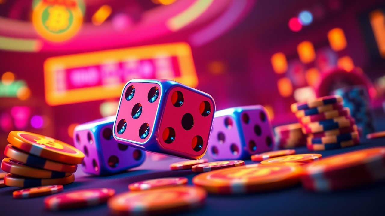 crypto dice rolling neon lights, bitcoin gambling strategy, digital casino chips