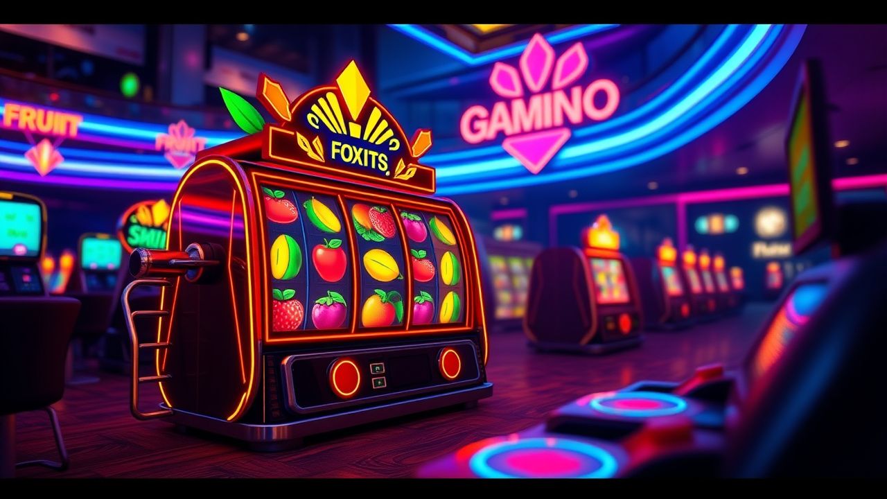colorful fruit slot machine, neon casino gaming, cryptocurrency gambling
