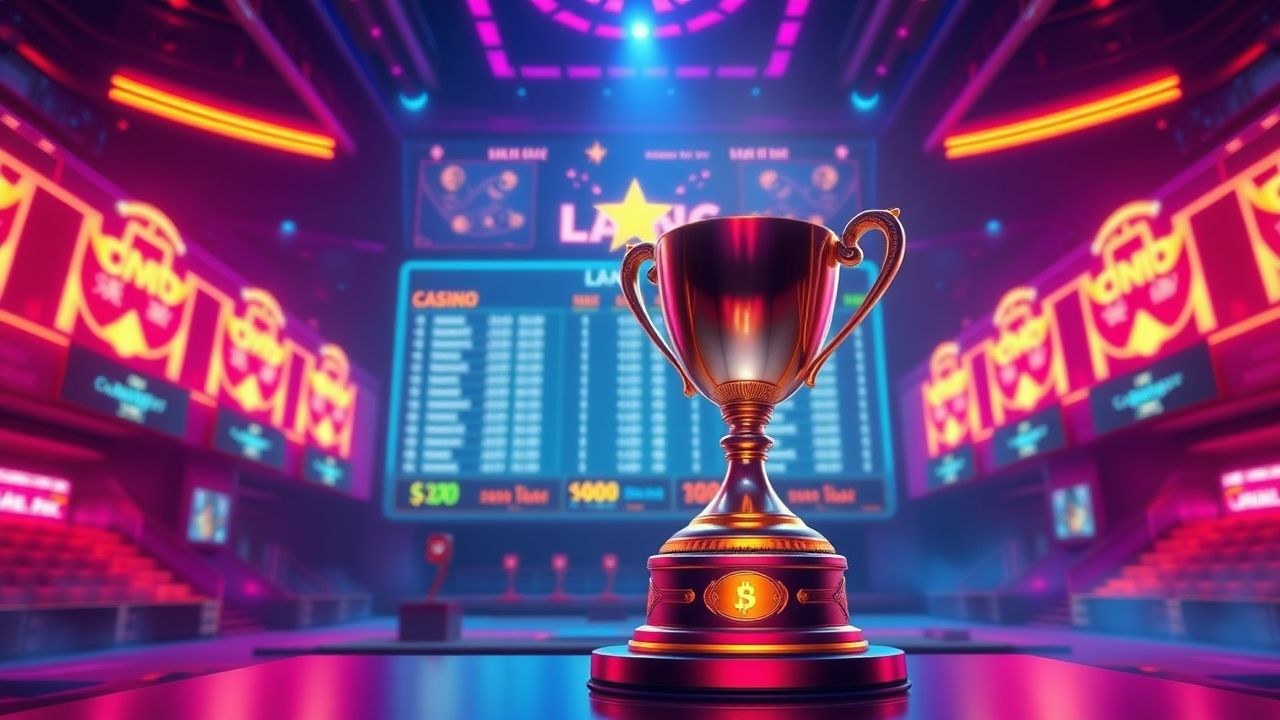 cryptocurrency leaderboard competition, neon casino trophy, crypto gambling rewards