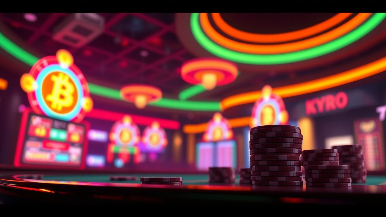 crypto casino neon lights, bitcoin gambling competition, cryptocurrency poker chips