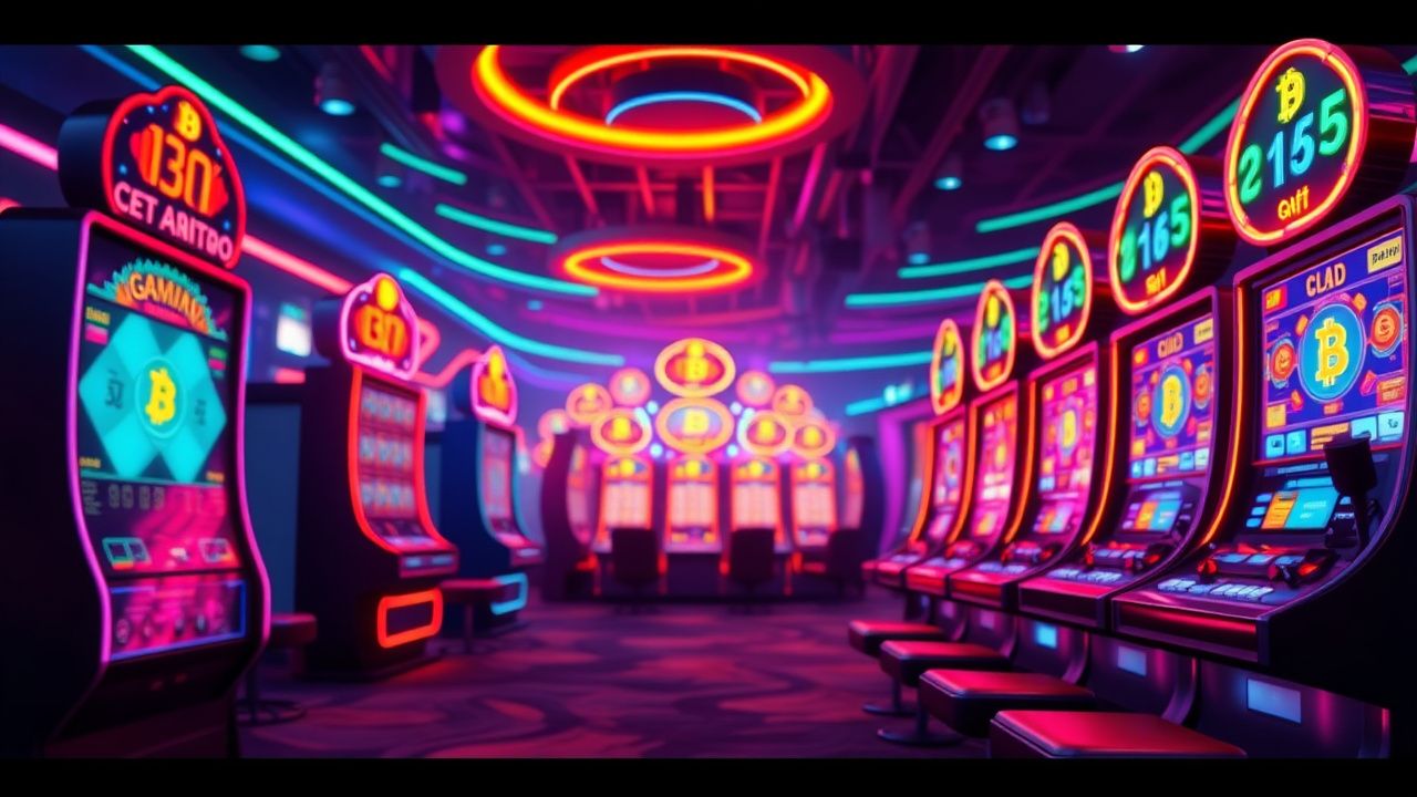 crypto casino neon lights, bitcoin slot machines, futuristic gaming interface