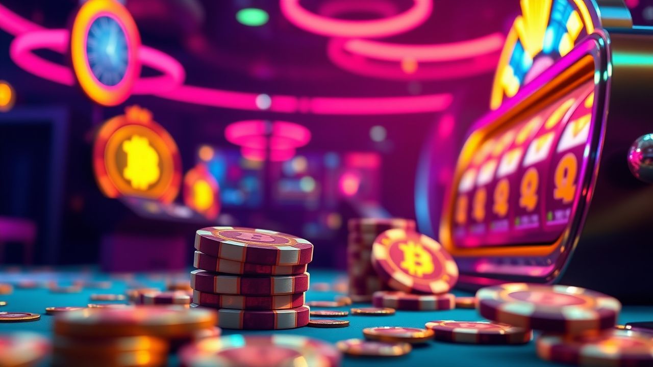 cryptocurrency casino chips, neon slot machine, bitcoin gambling