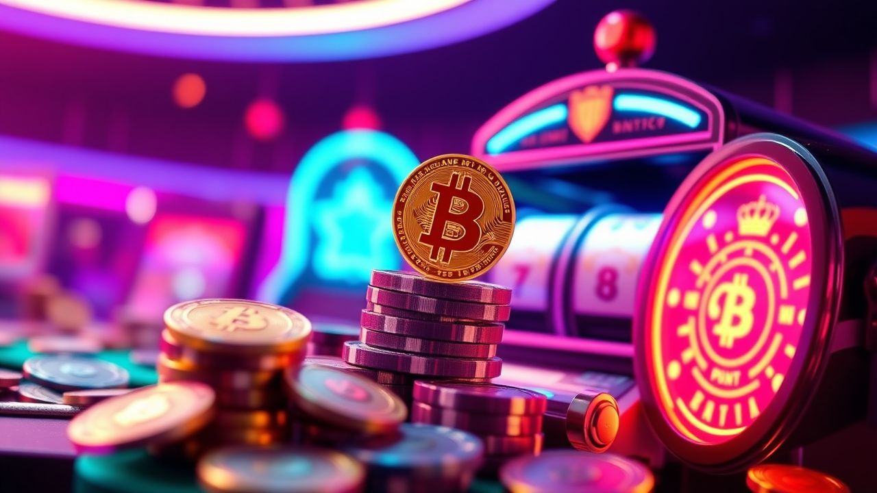 cryptocurrency casino chips, bitcoin gambling bankroll, neon slot machine