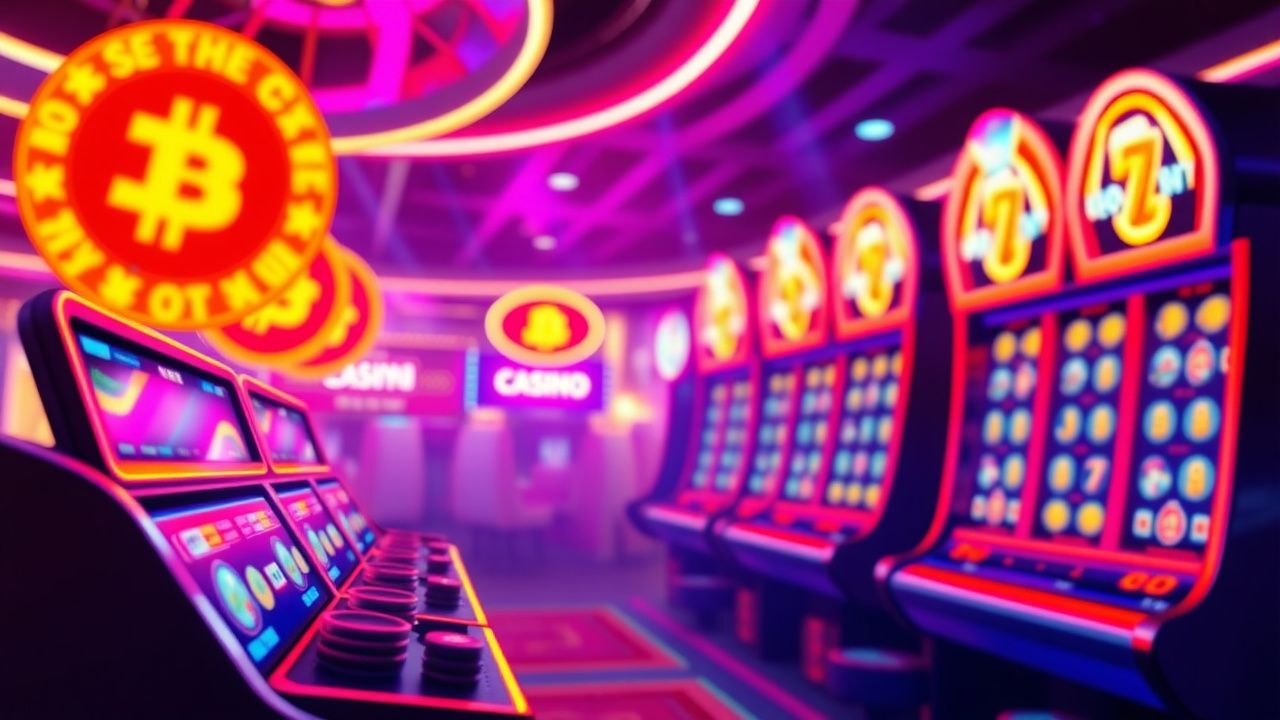 crypto casino chips neon lights, bitcoin slot machine gameplay, ethereum gambling platform