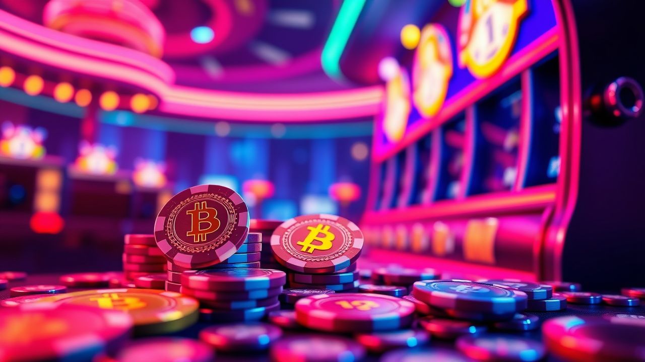 cryptocurrency casino chips, neon slot machine, bitcoin gambling