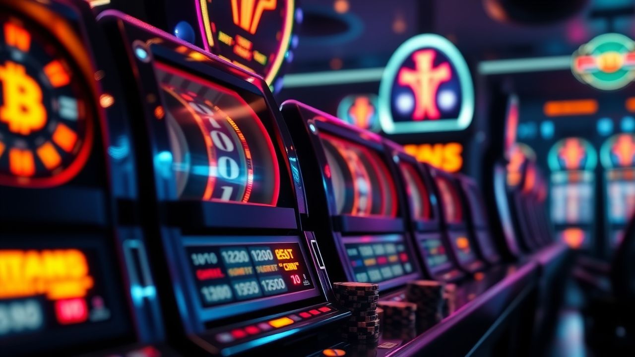 slot machine reels neon lights, cryptocurrency casino chips, bitcoin gambling