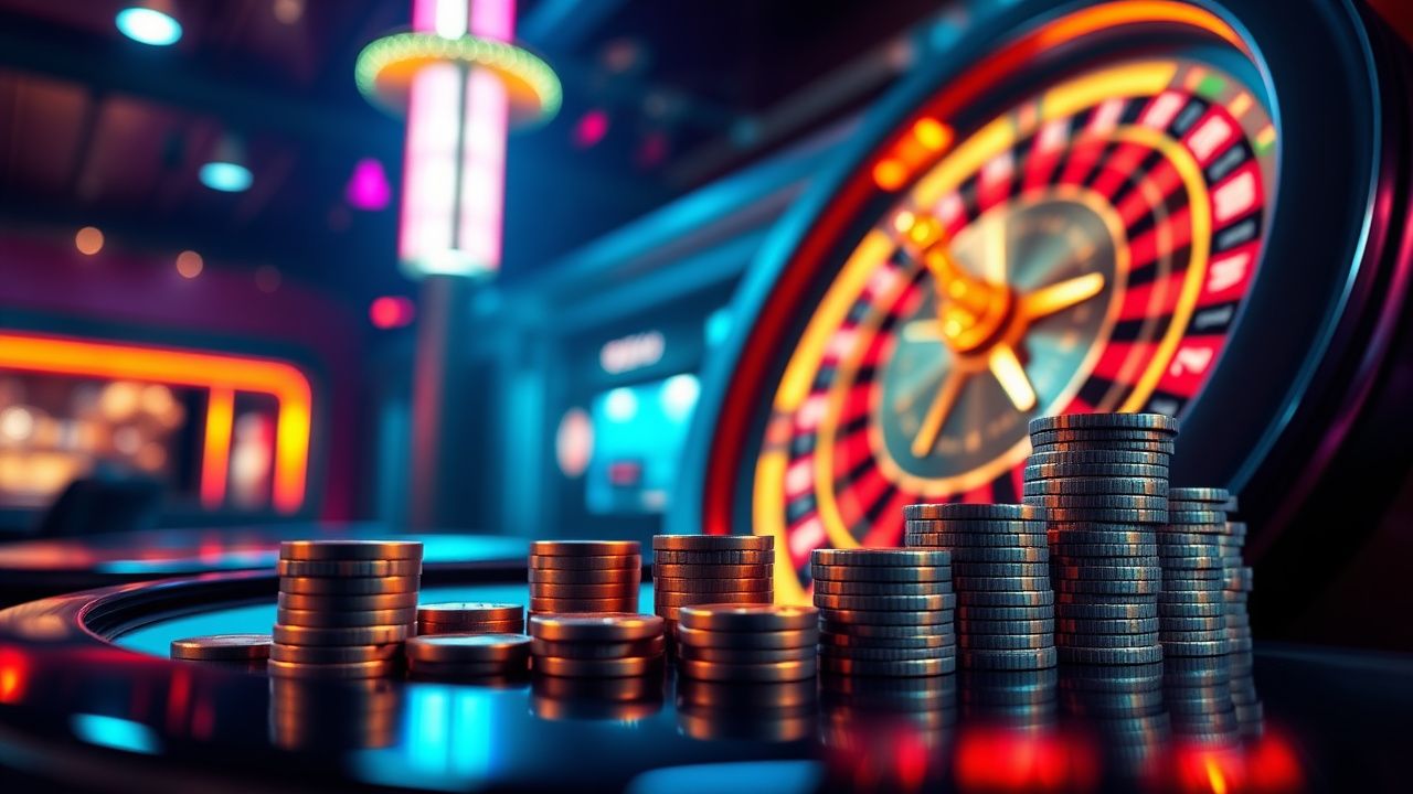 roulette wheel neon lights, crypto casino chips stack, bitcoin gambling