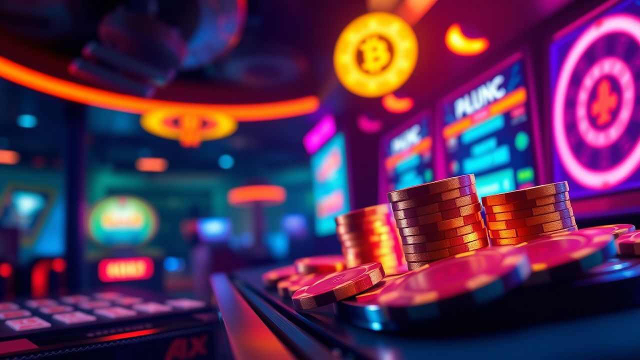 crypto casino gaming neon lights, bitcoin gambling chips, digital casino interface