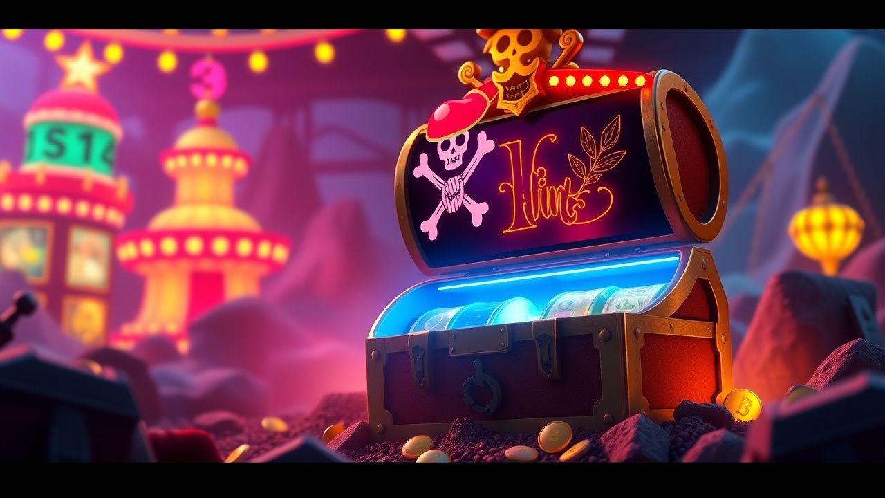 pirate slot machine, treasure chest neon lights, crypto casino gameplay