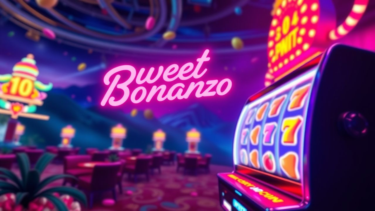 sweet bonanza slot game colorful candy theme, crypto casino gameplay neon lights, slot machine bonus round