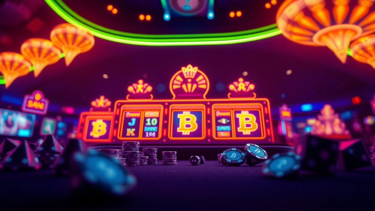 crypto casino slots neon, bitcoin gambling chips, digital dice game