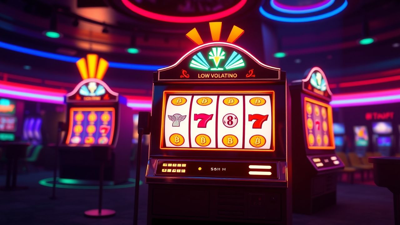 crypto casino slot machine, bitcoin gambling neon lights, low volatility slots