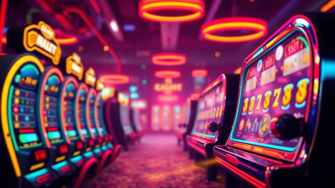 slot machine neon lights, cryptocurrency casino chips, digital gaming reels