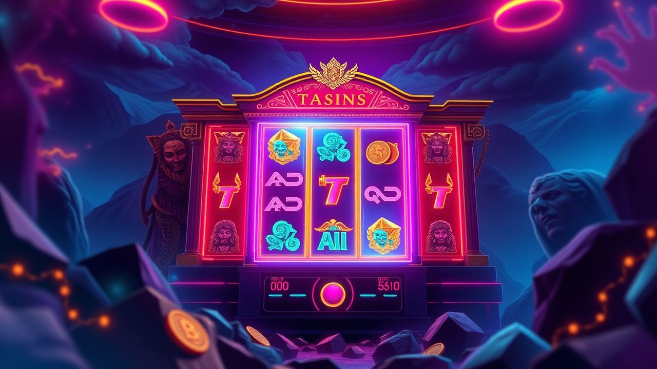slot machine neon lights, ancient greek gods mythology, crypto casino gameplay